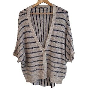 Free People Tan and Navy Blue Striped Oversized Short Sleeve Cardigan Sweater